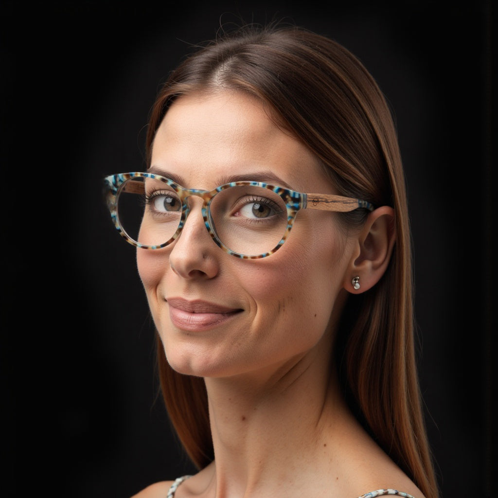 Optical frames round acetate organico sustainable ecologico blue temples natural wood recycled plastic for men and women optical wholesale Bonoboss #color_blue