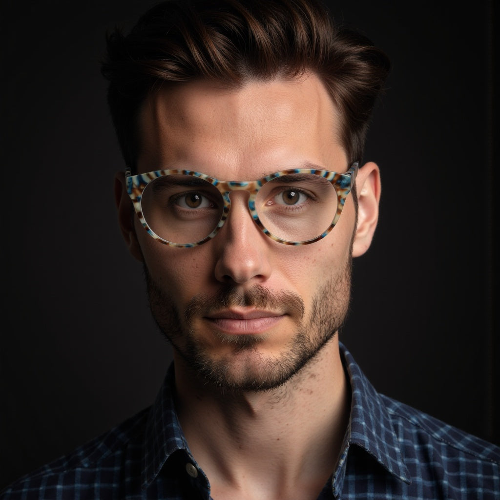 marcos ópticos redondos acetato organico sustentable ecologico color azul patas madera natural plastico reciclado para hombre y mujer mayorista de opticas#color_blue