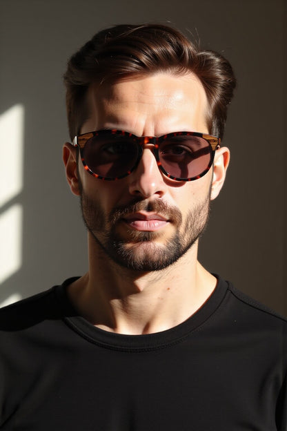 lentes de sol polarizados para hombre y mujerovalados de color carey con patas de madera natural sustentable. Marco de plastico reciclado con lentes  polarizadas #color_carey
