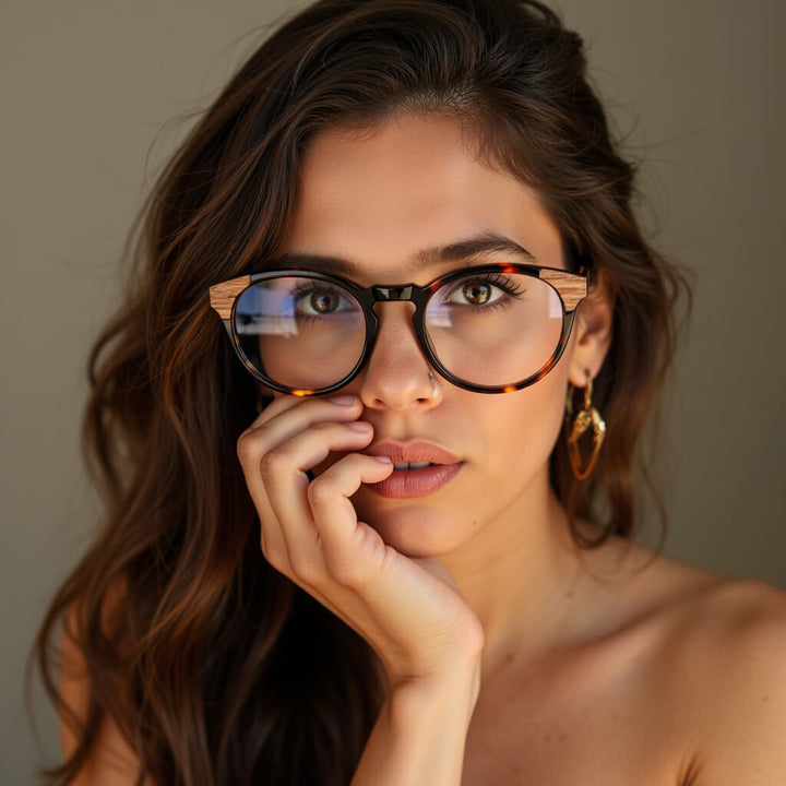 Optical frames frames sustainables round acetate with natural wood chiloe 0084 tortoise mayorista optica corporate gifts ecologicos Bonoboss #color_carey