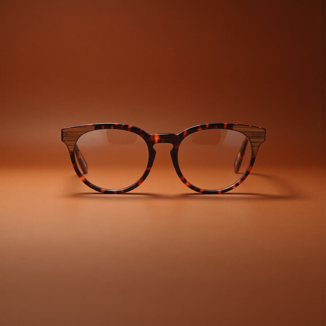 Optical frames frames sustainables round acetate with natural wood chiloe 0084 tortoise mayorista optica corporate gifts ecologicos Bonoboss