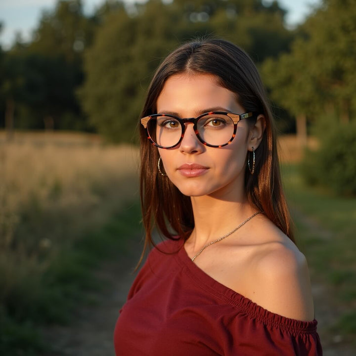 Optical frames frames sustainables round acetate with natural wood chiloe 0084 tortoise mayorista optica corporate gifts ecologicos Bonoboss #color_carey