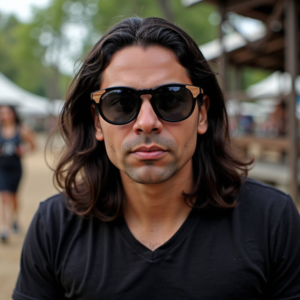 lentes de sol polarizados para hombre y mujerovalados de color negro con patas de madera natural sustentable. Marco de plastico reciclado con lentes polarizadas #color_negro