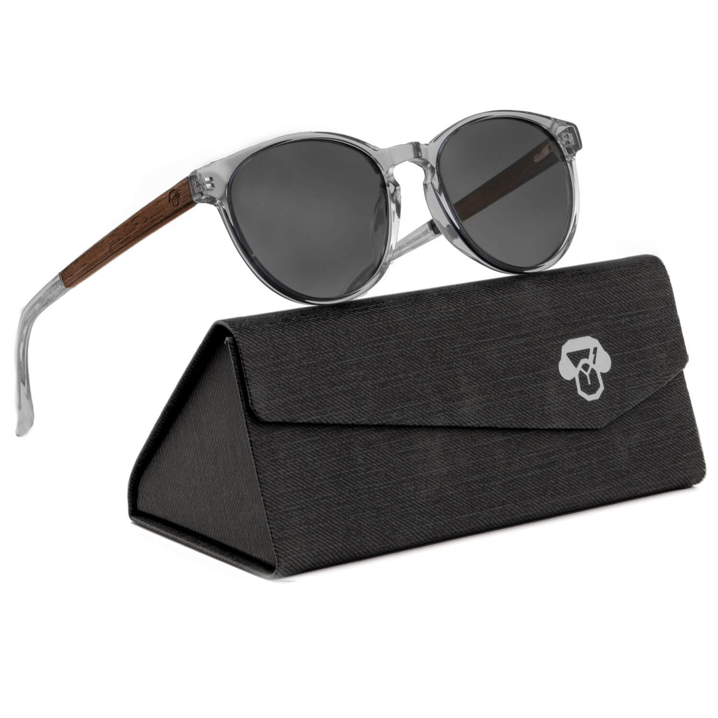 anteojos lentes de sol polarizados para hombre y mujer en material acetato biodegradable sustentable de moda para hombre y mujer forma redonda de color negro con patas de madera natural vista lateral #color_transparente