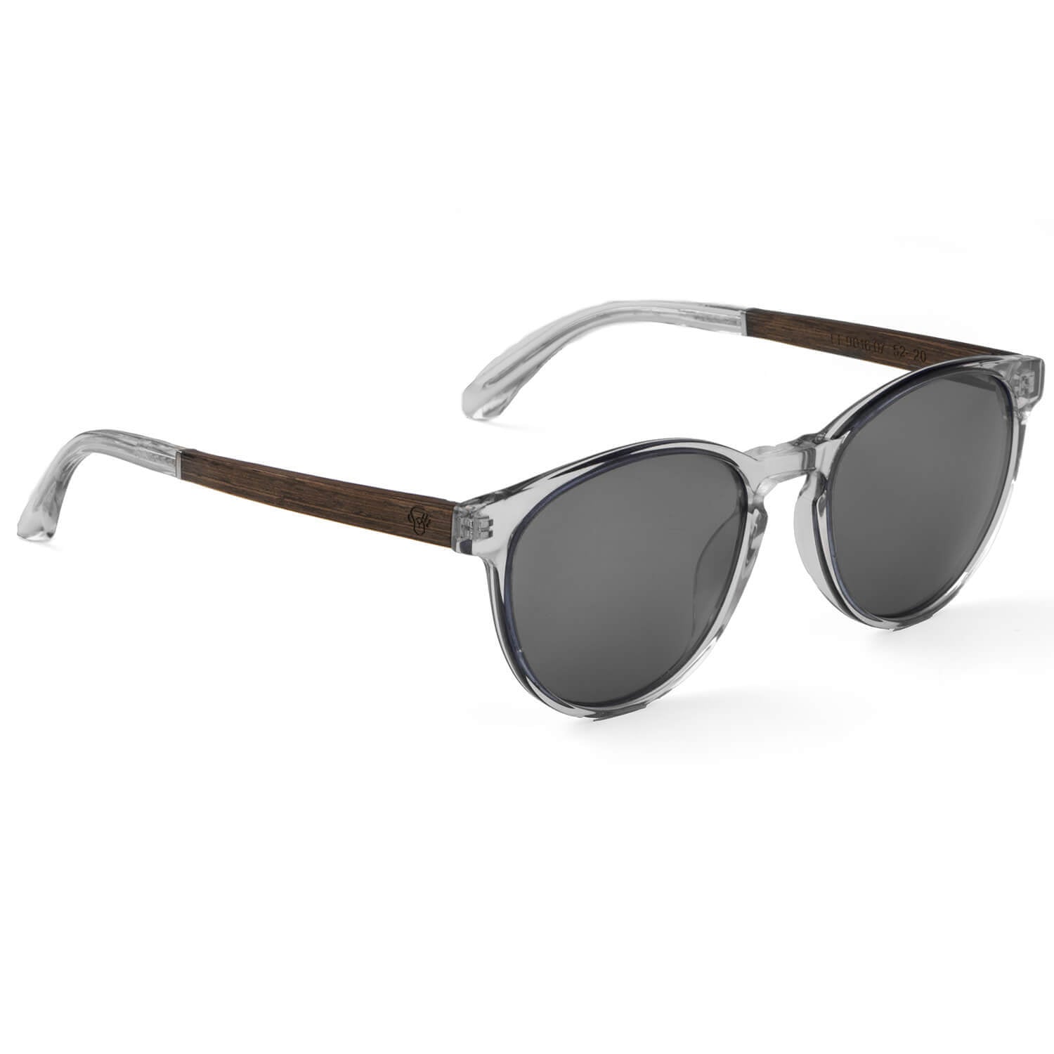 anteojos lentes de sol polarizados para hombre y mujer en material acetato biodegradable sustentable de moda para hombre y mujer forma redonda de color negro con patas de madera natural vista lateral #color_transparente