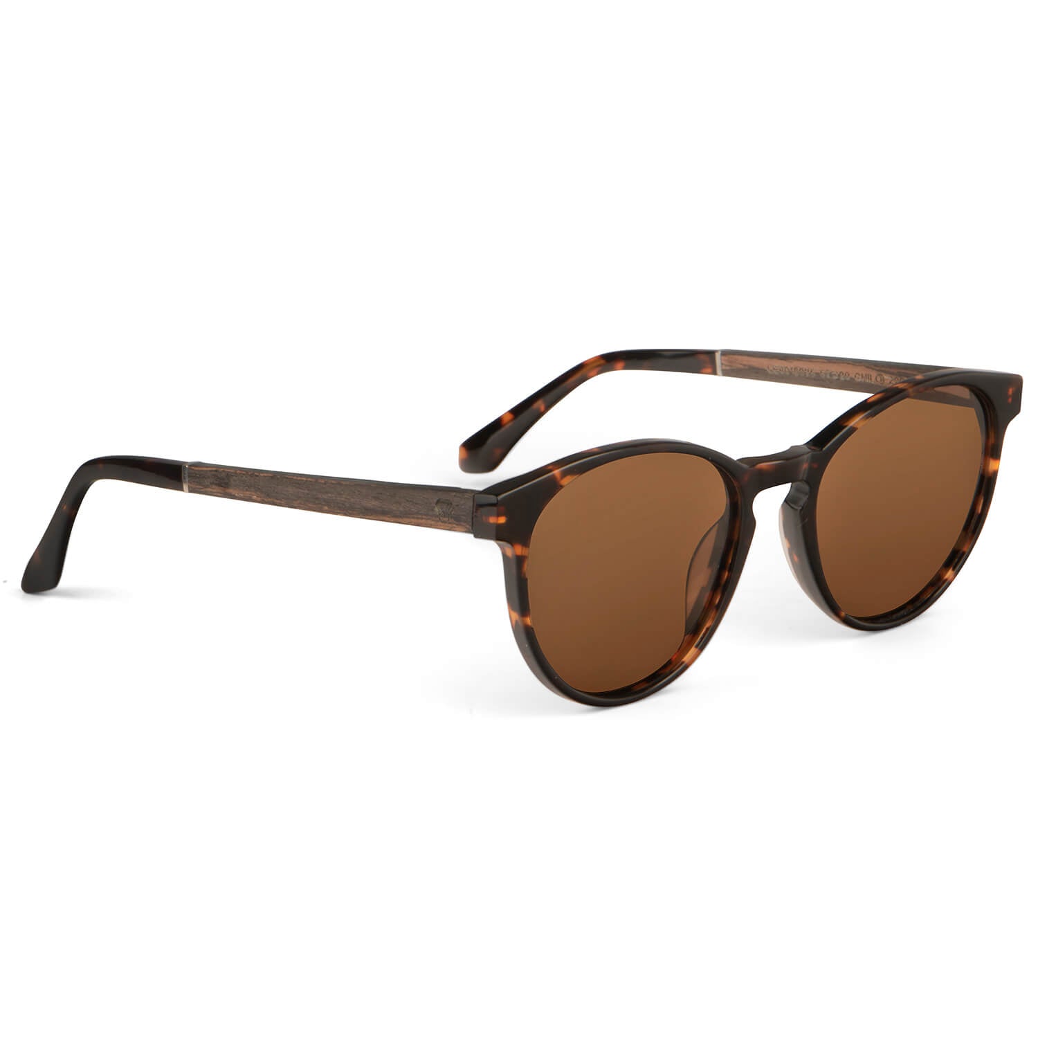 anteojos lentes de sol polarizados para hombre y mujer en material acetato biodegradable sustentable de moda para hombre y mujer forma redonda de color carey con patas de madera natural #color_carey