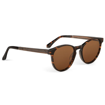 anteojos lentes de sol polarizados para hombre y mujer en material acetato biodegradable sustentable de moda para hombre y mujer forma redonda de color carey con patas de madera natural #color_carey