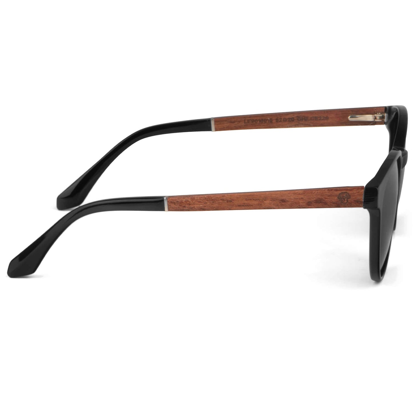 anteojos lentes de sol polarizados para hombre y mujer en material acetato biodegradable sustentable de moda para hombre y mujer forma redonda de color negro con patas de madera natural vista super lateral #color_black