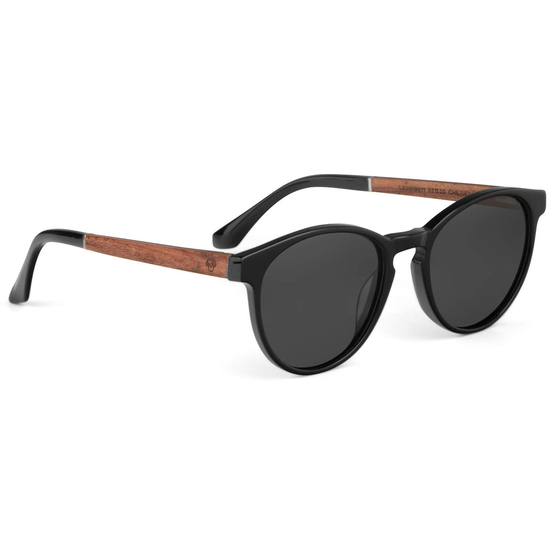 Eyeglasses sunglasses polarized for men and women in material acetate biodegradable sustainable moda for men and women forma redonda black with wooden temples natural side view Bonoboss #color_black