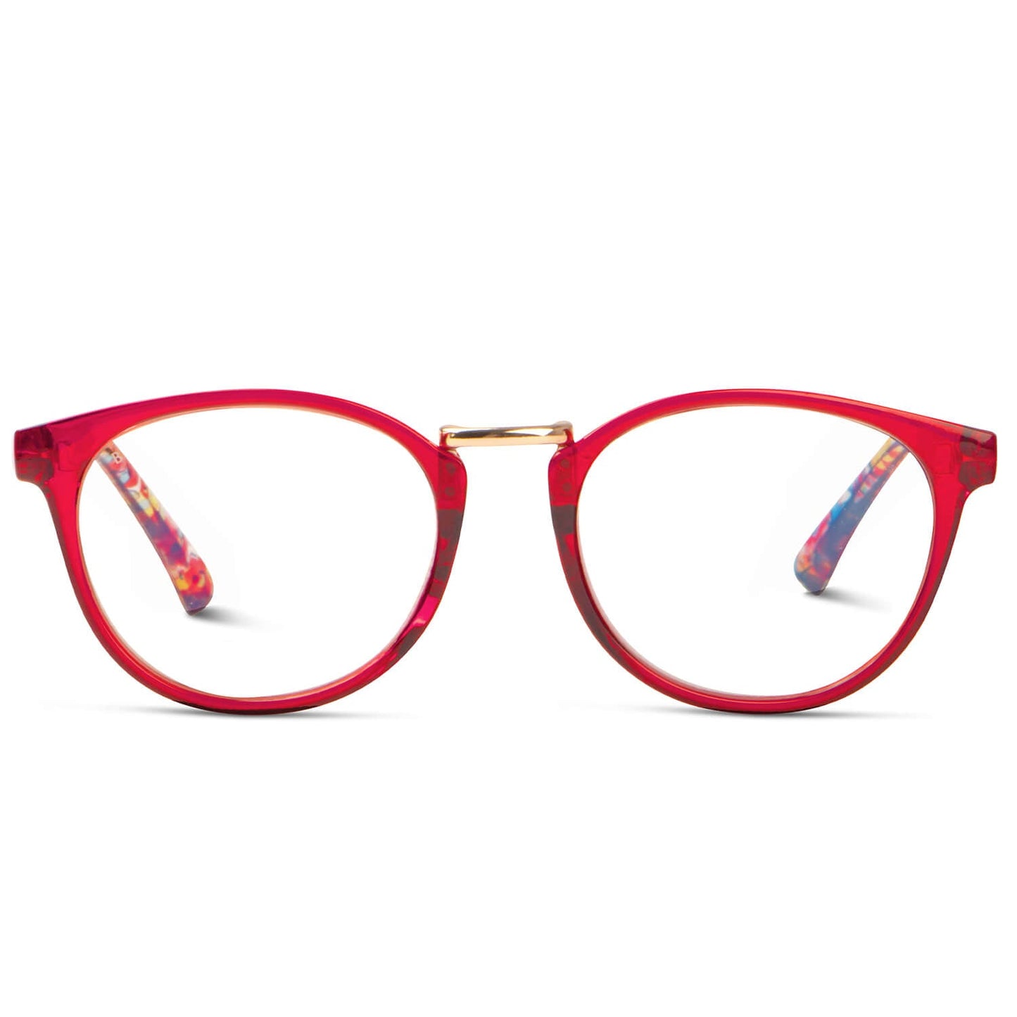 anteojos de lectura redondos para hombre y mujer de color rojo y puente metálico de color dorado. Vista frontal de marcos para presbicie o vista cansada