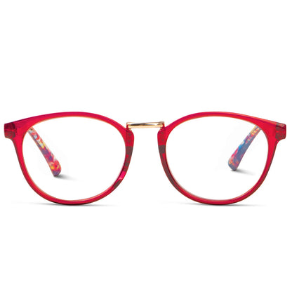 anteojos de lectura redondos para hombre y mujer de color rojo y puente metálico de color dorado. Vista frontal de marcos para presbicie o vista cansada