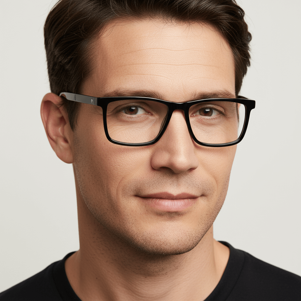 Un men wearing optical frames rectangular larges in acetate recycled sustainable the marca bonoboss #color_negro