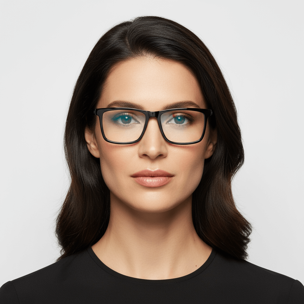 La front view a women wearing optical frames rectangular larges in acetate recycled sustainable the marca bonoboss #color_negro
