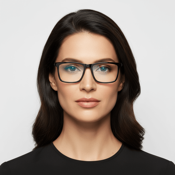 La front view a women wearing optical frames rectangular larges in acetate recycled sustainable the marca bonoboss #color_negro