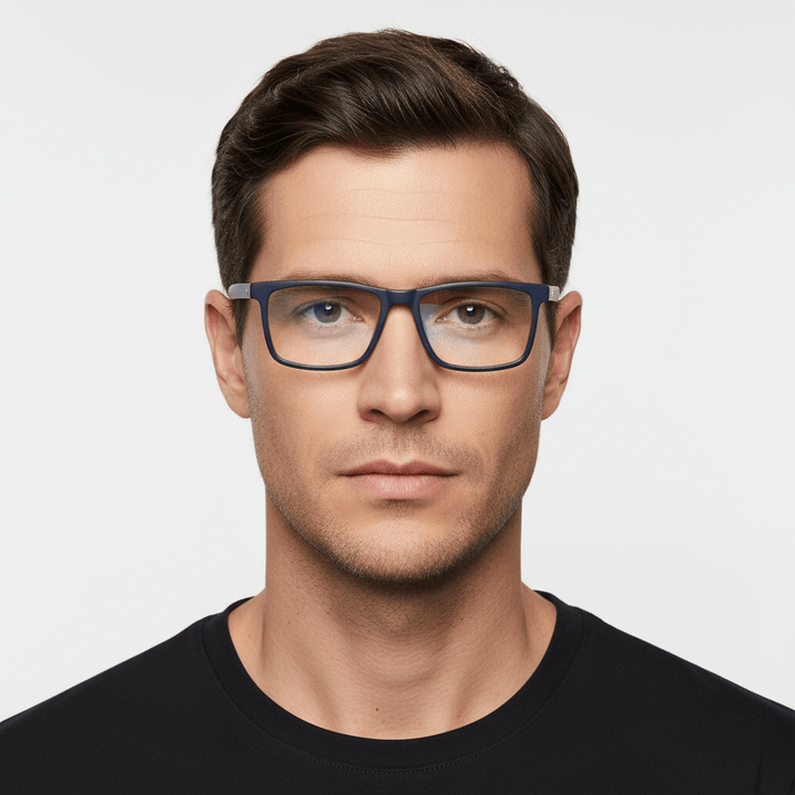 La front view a men serio wearing frames optical prescription blue bonoboss in sustainable acetate recycled #color_azul