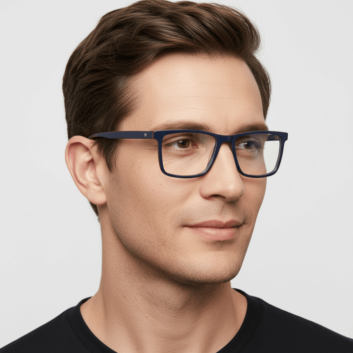 La side view a men sonriendo wearing frames optical prescription blue bonoboss in sustainable acetate recycled #color_azul