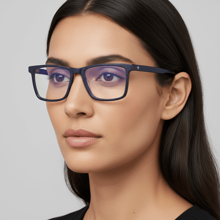 La front view a women seria wearing frames optical prescription blue bonoboss in sustainable acetate recycled #color_azul