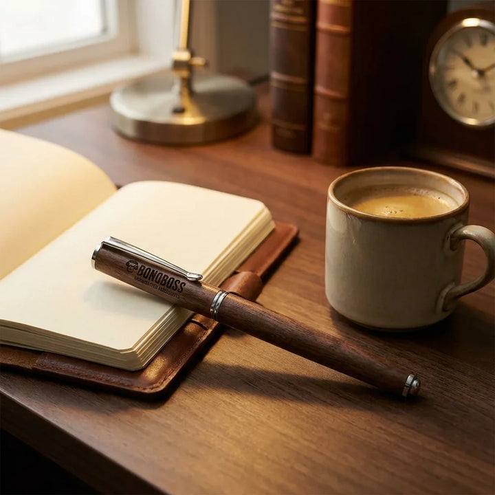 Lápiz wooden premium sobre escritorio with notebook and café bonoboss