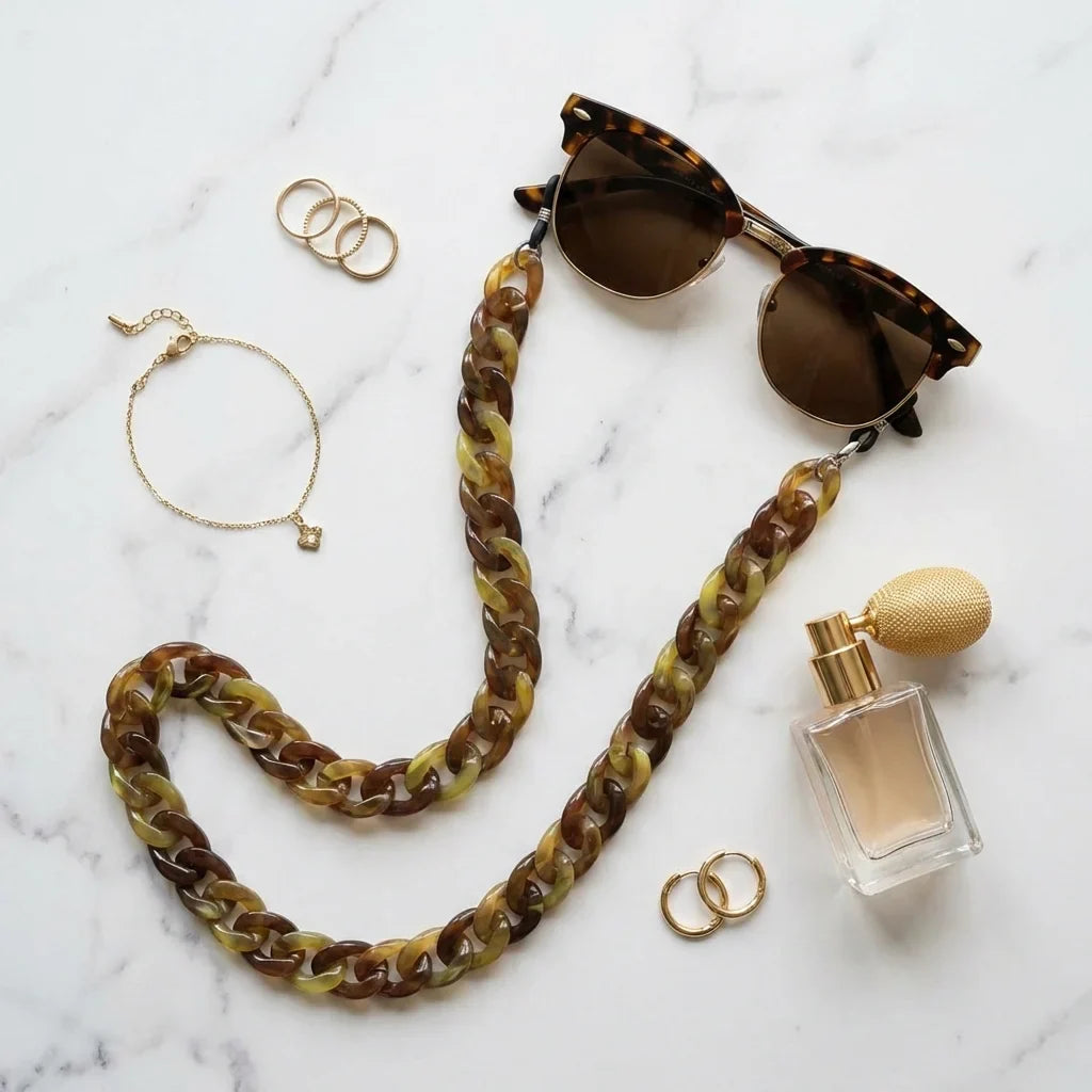 Cadena acetate recycled for lenses tortoise flat lay accesorios moda mármol bonoboss #color_carey