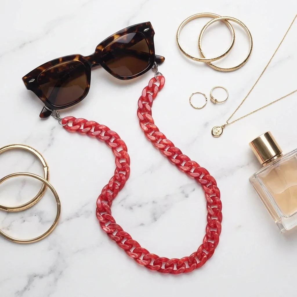 Cadena acetate recycled for lenses red flat lay accesorios moda mármol bonoboss #color_rojo