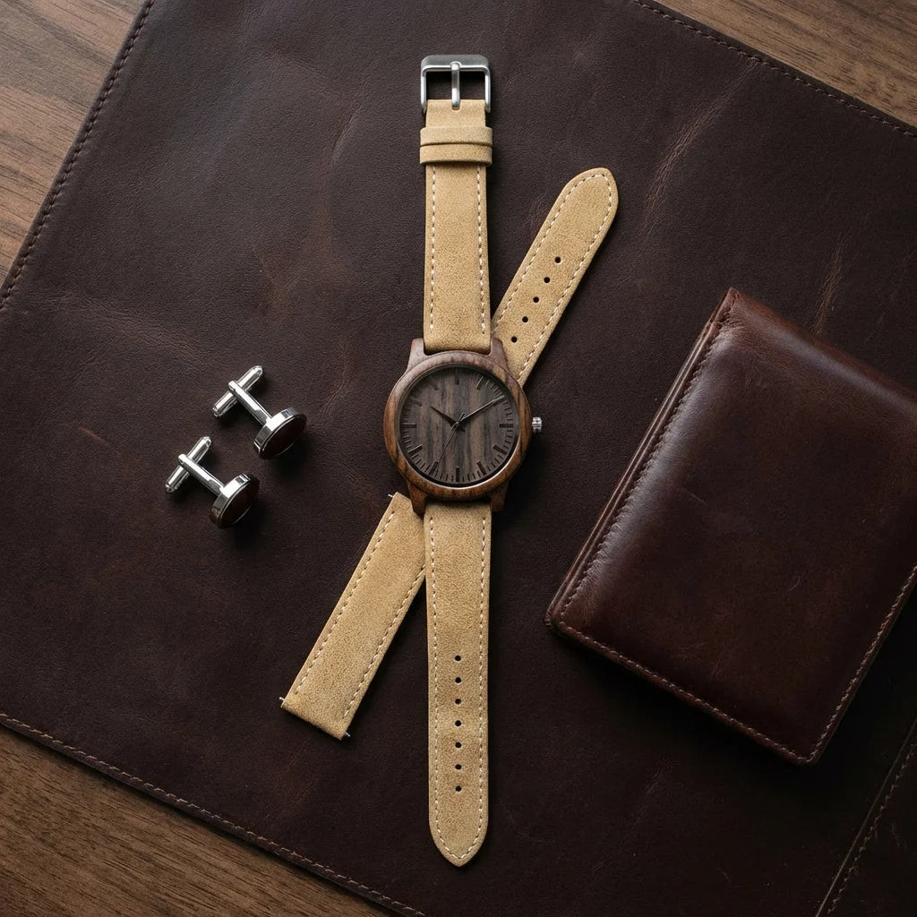 Correa cuero for reloj flat lay accesorios masculinos cuero bonoboss