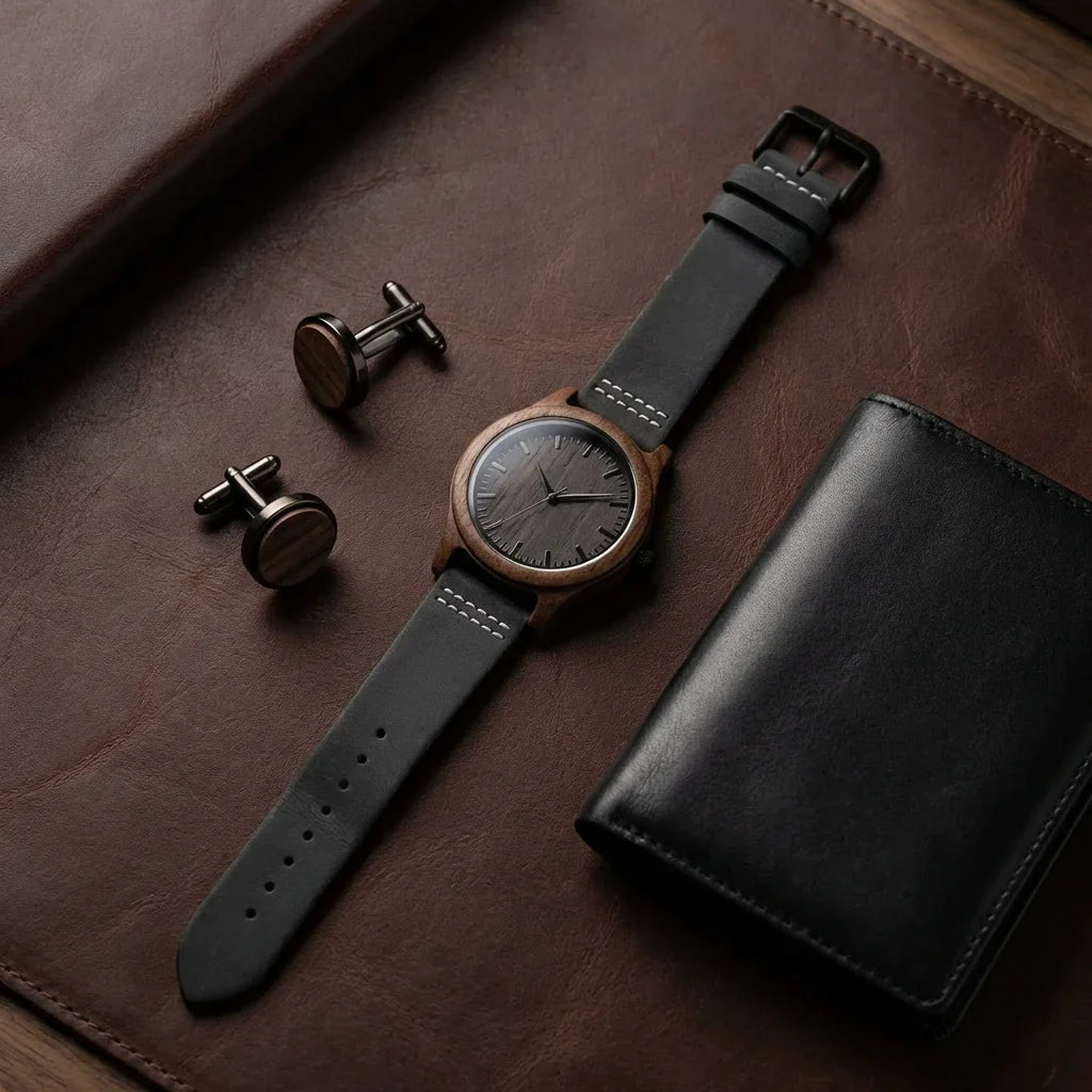 Correa cuero for reloj flat lay accesorios masculinos cuero bonoboss