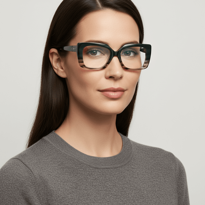 La side view opuesta a women cara ovalada and pelo liso largo suelto wearing unos frames optical frames sustainables in acetate recycled bonoboss forma rectangular oversized larges de #color_honey-green