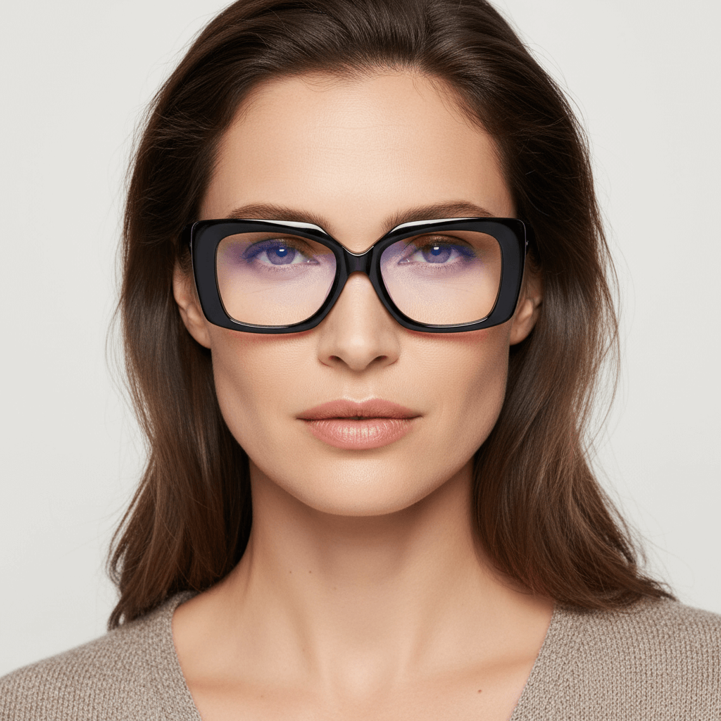 La front view a women cara ovalada and pelo ondulado to the hombro suelto wearing unos frames optical frames sustainables in acetate recycled bonoboss forma rectangular oversized larges de #color_negro
