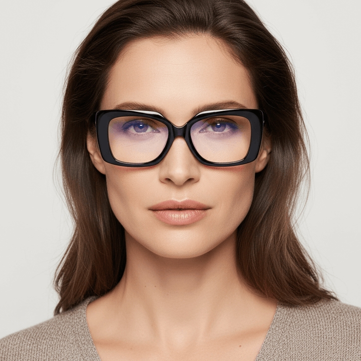 La front view a women cara ovalada and pelo ondulado to the hombro suelto wearing unos frames optical frames sustainables in acetate recycled bonoboss forma rectangular oversized larges de #color_negro