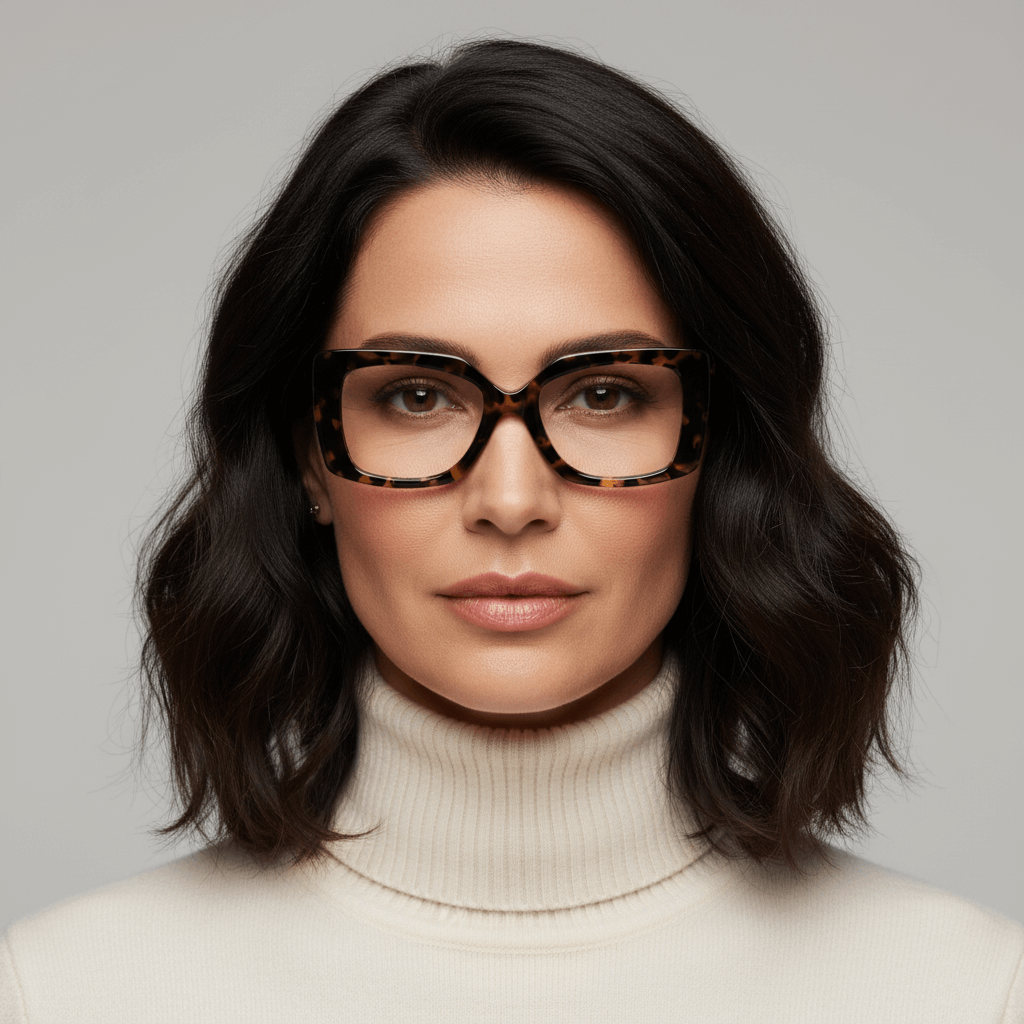 La front view a women round face and pelo ondulado corto suelto wearing unos frames optical frames sustainables in acetate recycled bonoboss forma rectangular oversized larges de #color_carey