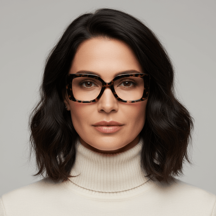 La front view a women round face and pelo ondulado corto suelto wearing unos frames optical frames sustainables in acetate recycled bonoboss forma rectangular oversized larges de #color_carey