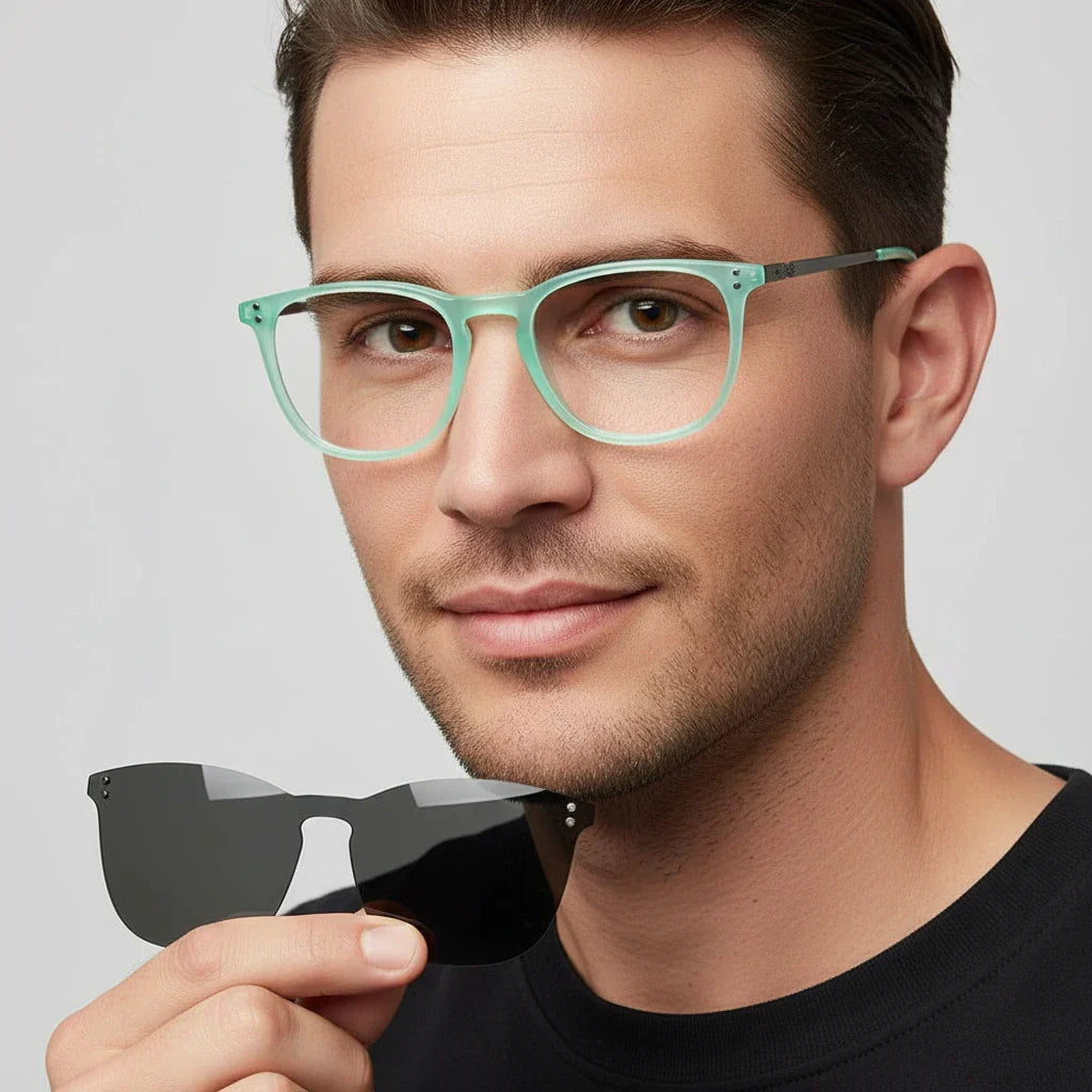 Un men cara ovalada wearing frames optical larges with sun clip-on polarized Bonoboss #color_green