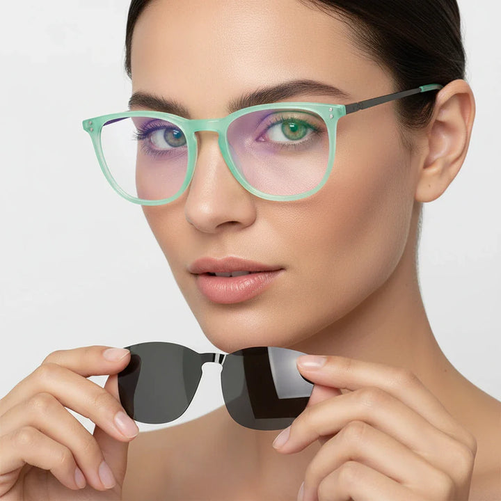 Una women round face wearing frames optical larges with sun clip-on polarized Bonoboss #color_green