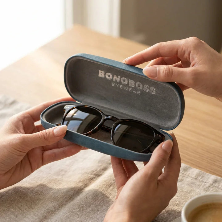 Estuche almeja for lenses blue manos abriendo estuche close-up bonoboss #color_azul