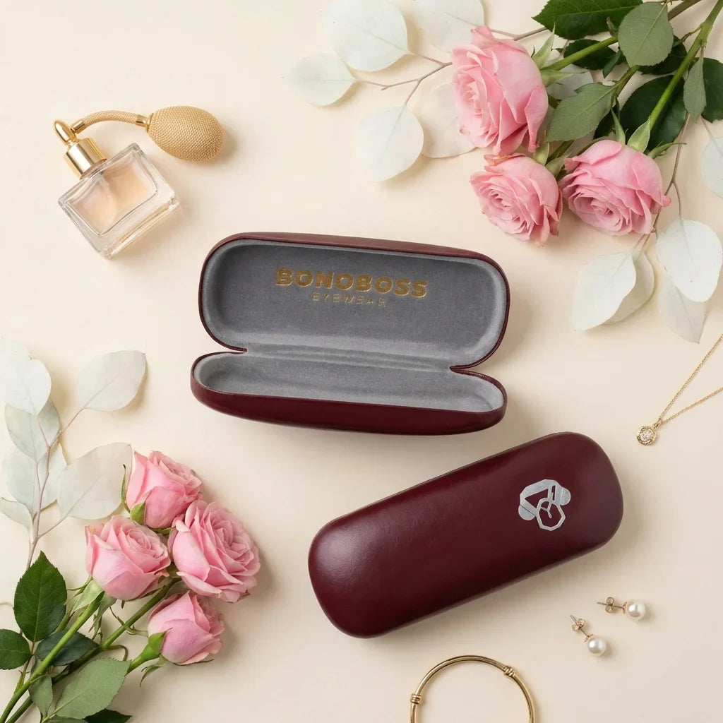 Estuche almeja for lenses burdeo flat lay femenino elegante bonoboss #color_burdeo