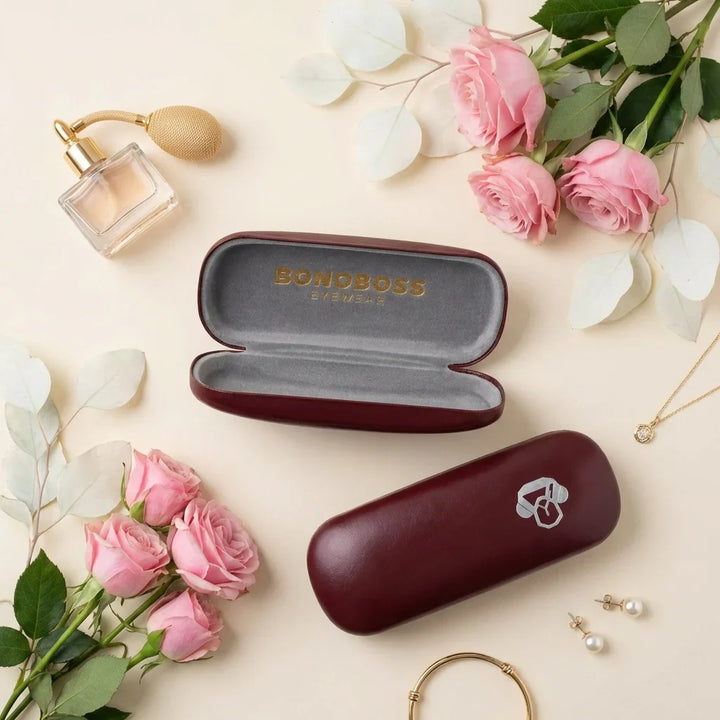 Estuche almeja for lenses burdeo flat lay femenino elegante bonoboss #color_burdeo