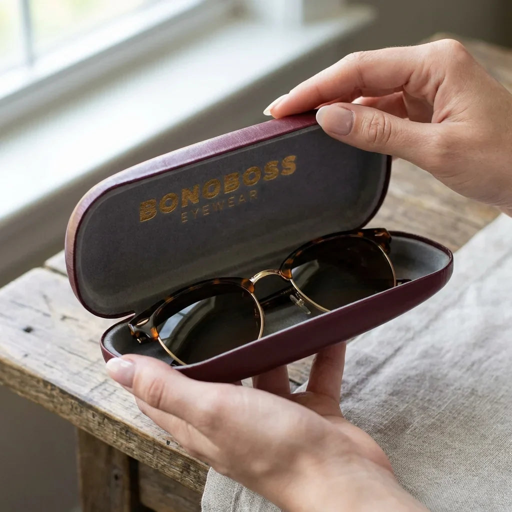 Estuche almeja for lenses burdeo manos abriendo estuche close-up bonoboss #color_burdeo