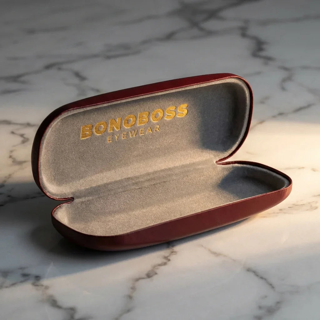 Estuche almeja for lenses burdeo abierto sobre mármol bonoboss #color_burdeo