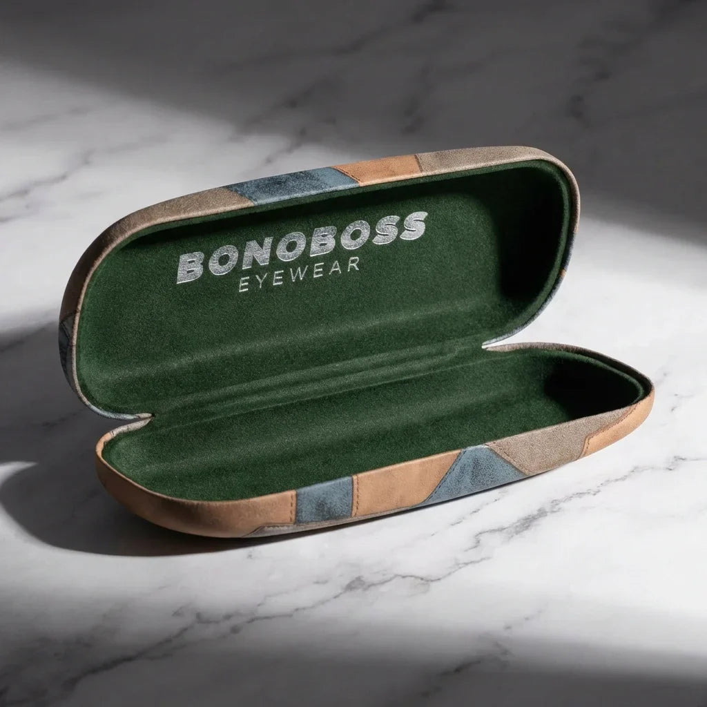 Estuche almeja for lenses brown abierto sobre mármol bonoboss #color_cafe