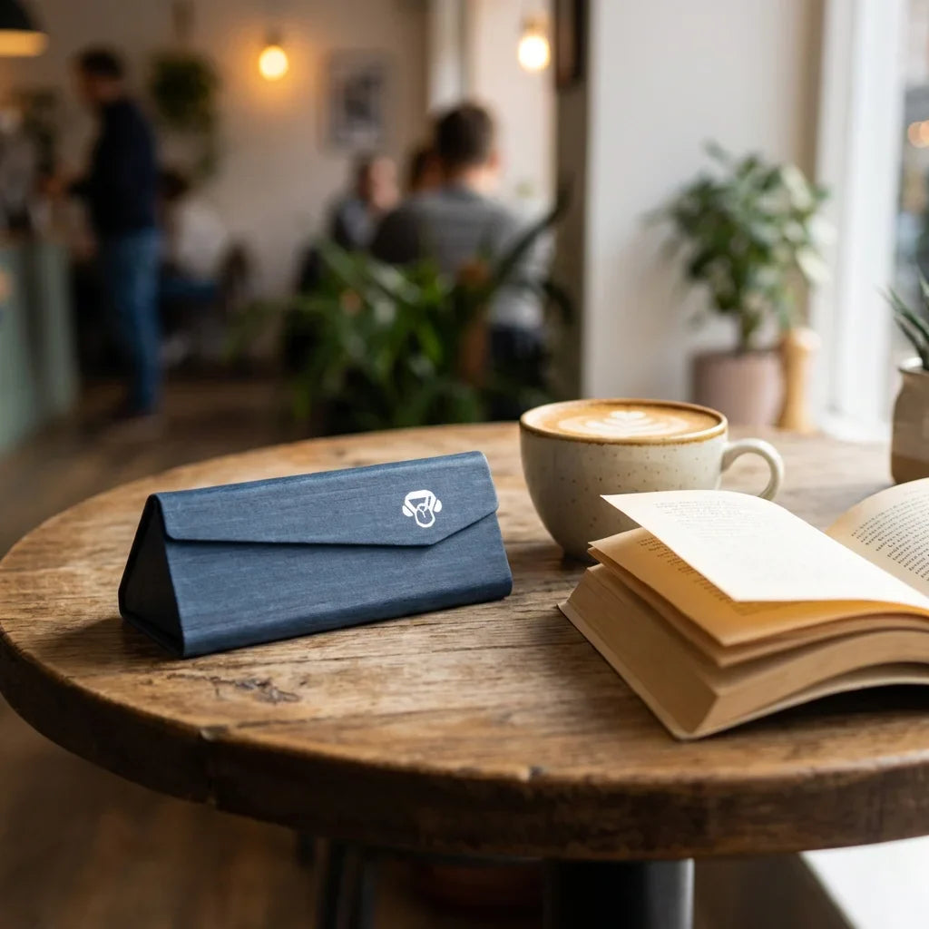 Estuche origami for lenses blue in mesa café with libro bonoboss #color_azul