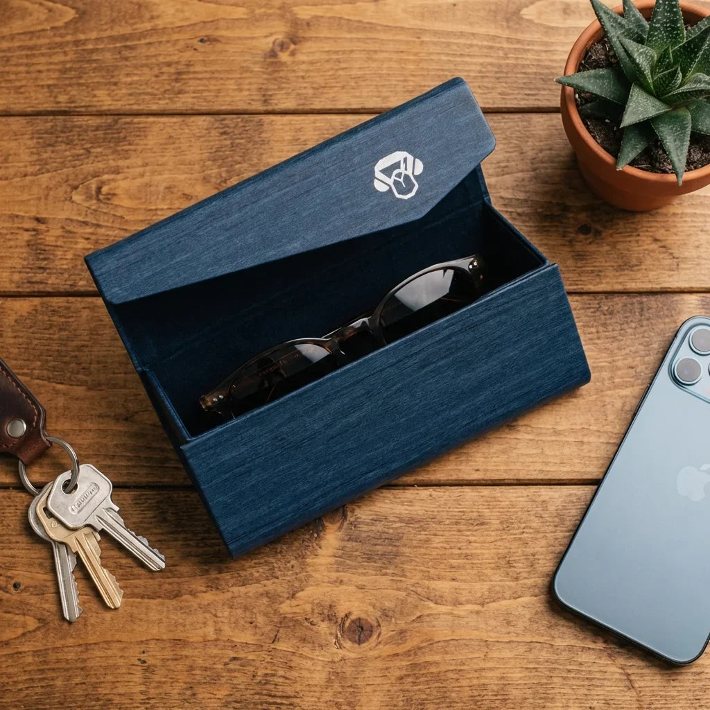 Estuche origami for lenses blue flat lay sobre wood bonoboss #color_azul