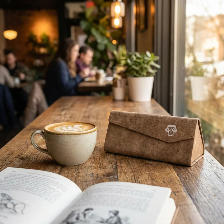 Estuche origami for lenses brown in mesa café with libro bonoboss #color_brown