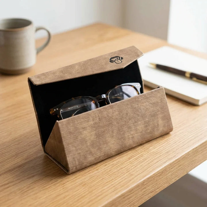 Estuche origami for lenses brown abierto in escritorio minimalista bonoboss #color_brown