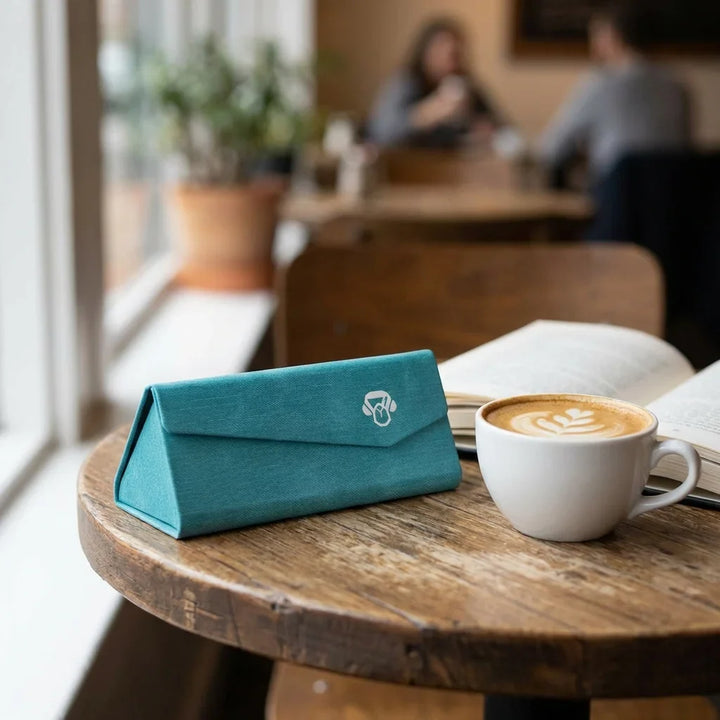 Estuche origami for lenses calipso in mesa café with libro bonoboss #color_calipso
