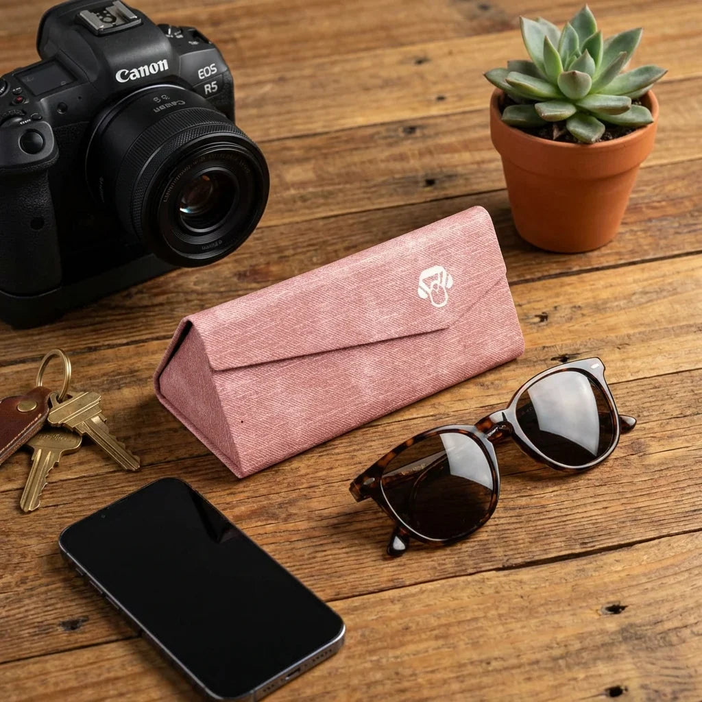 Estuche origami for lenses gray flat lay sobre wood bonoboss #color_gris