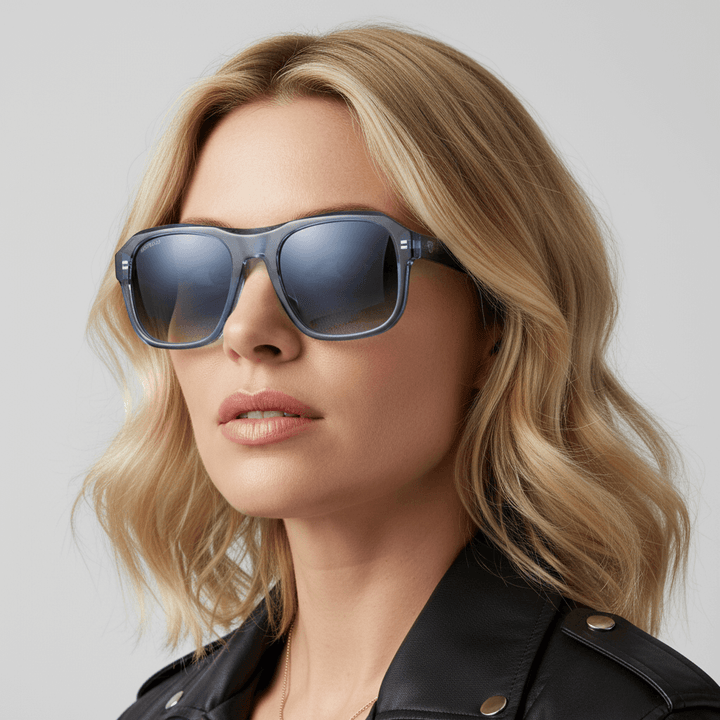 Una modelo women rockera rubia round face wearing sunglasses rectangular retro oversized vintage de Bonoboss #color_azul