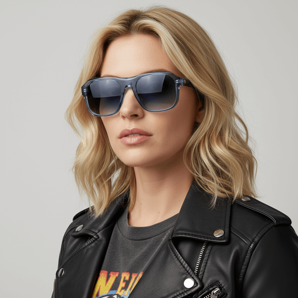 una modelo mujer rockera rubia de cara redonda usando lentes de sol rectangulares retro oversized vintage de #color_azul