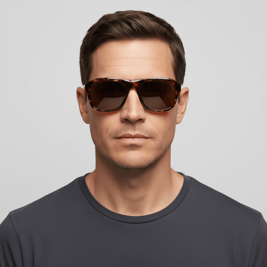 una modelo hombre usando lentes de sol rectangulares bonoboss oversized xl #color_carey