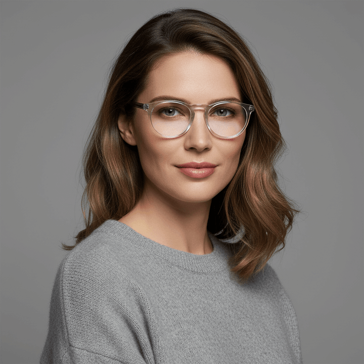 La front view a women cara ovalada redonda large and pelo ondulado suelto wearing frames optical frames prescription and anti-reflective bonoboss in sustainable acetate biodegradable forma redonda y #color_transparente