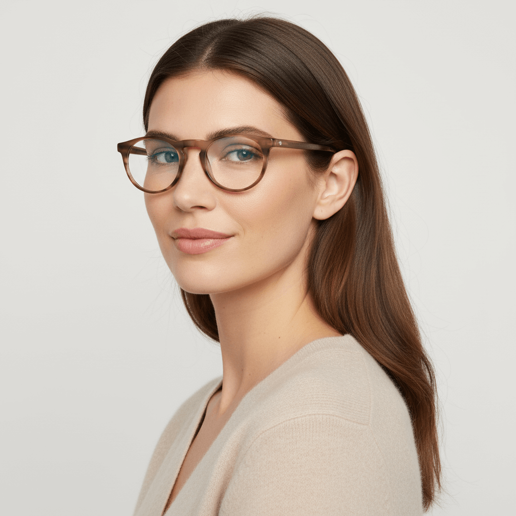 La side view a women cara ovalada large wearing frames optical frames prescription and anti-reflective bonoboss in sustainable acetate biodegradable forma redonda y #color_brown